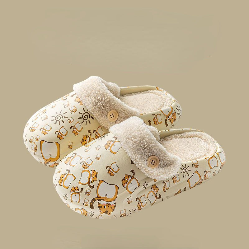 Patterned button cotton slippers