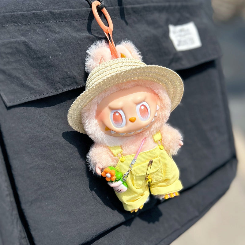Straw Hat & Overalls Outfit for Labubu Dolls (No Doll)