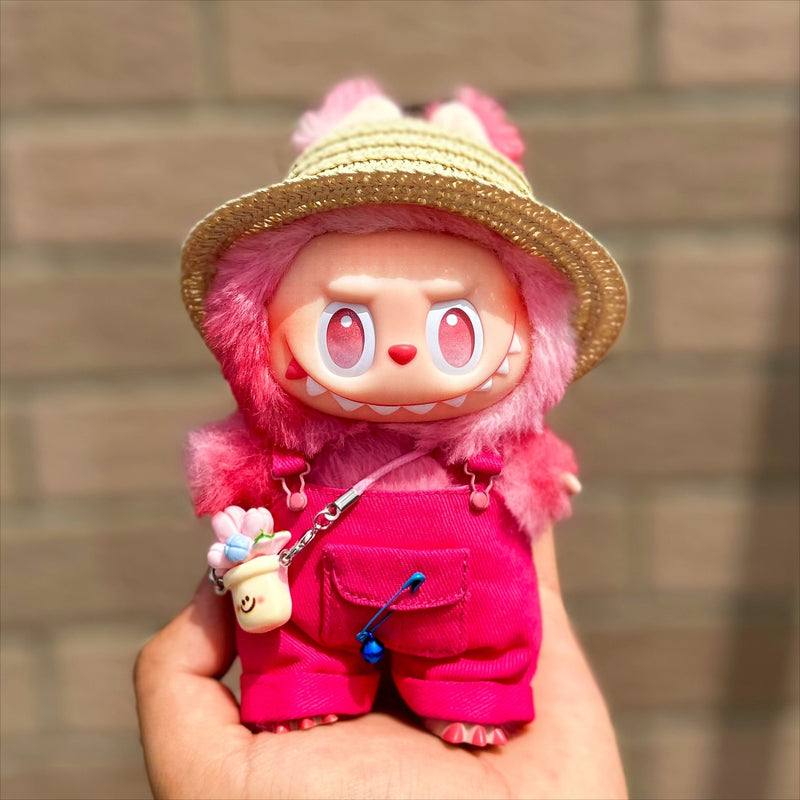 Straw Hat & Overalls Outfit for Labubu Dolls (No Doll)