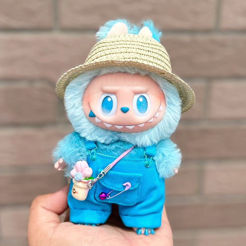 Straw Hat & Overalls Outfit for Labubu Dolls (No Doll)