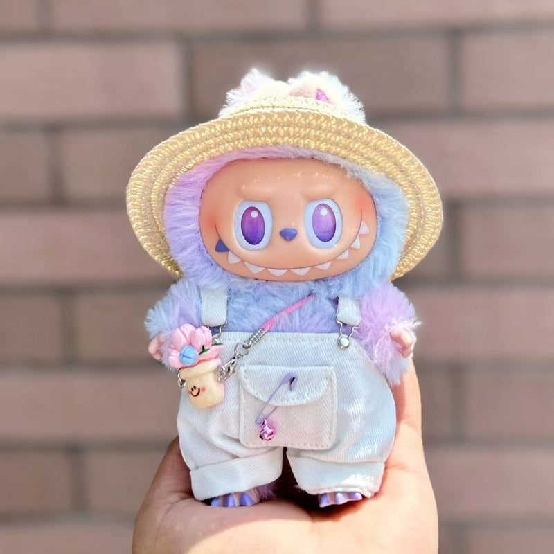 Straw Hat & Overalls Outfit for Labubu Dolls (No Doll)