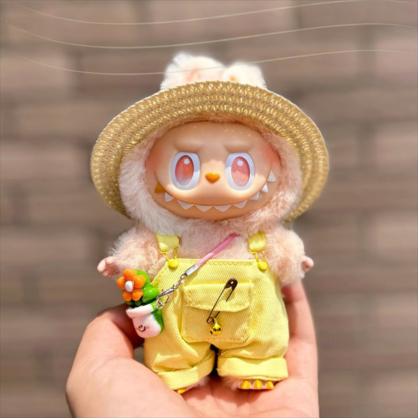 Straw Hat & Overalls Outfit for Labubu Dolls (No Doll)
