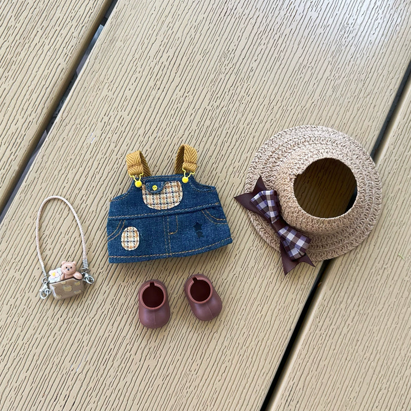 Straw Hat and Pinafore Dress Set (No Doll)