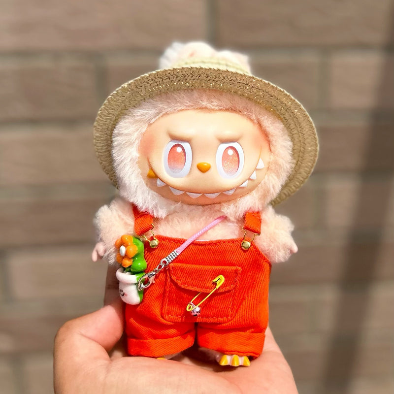 Straw Hat & Overalls Outfit for Labubu Dolls (No Doll)