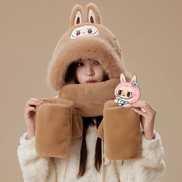 Labubu Plush Hat with Scarf and Gloves