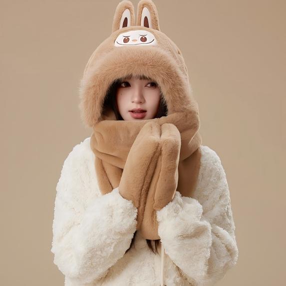 Labubu Plush Hat with Scarf and Gloves