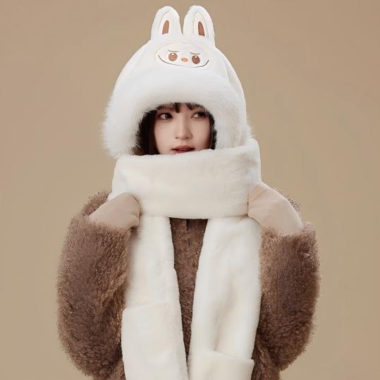 Labubu Plush Hat with Scarf and Gloves