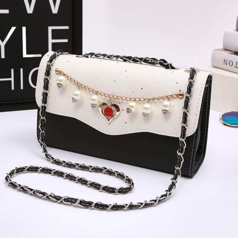 PU Bling Heart Pearl Chain Strap Crossbody Bag