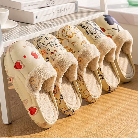 Patterned button cotton slippers