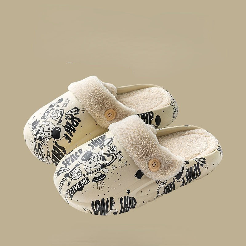 Patterned button cotton slippers