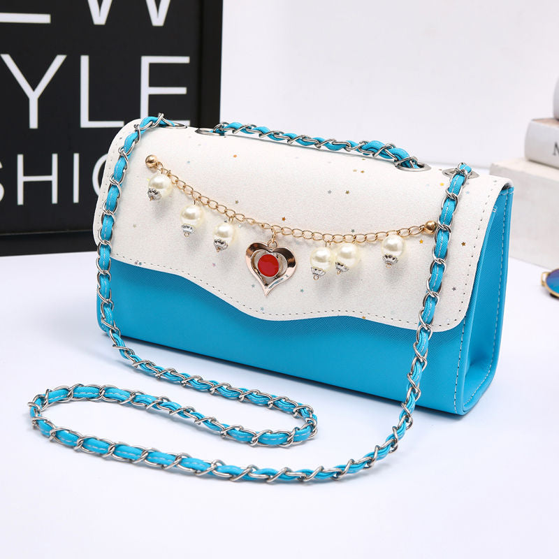 PU Bling Heart Pearl Chain Strap Crossbody Bag