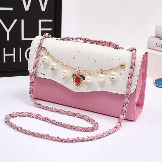 PU Bling Heart Pearl Chain Strap Crossbody Bag