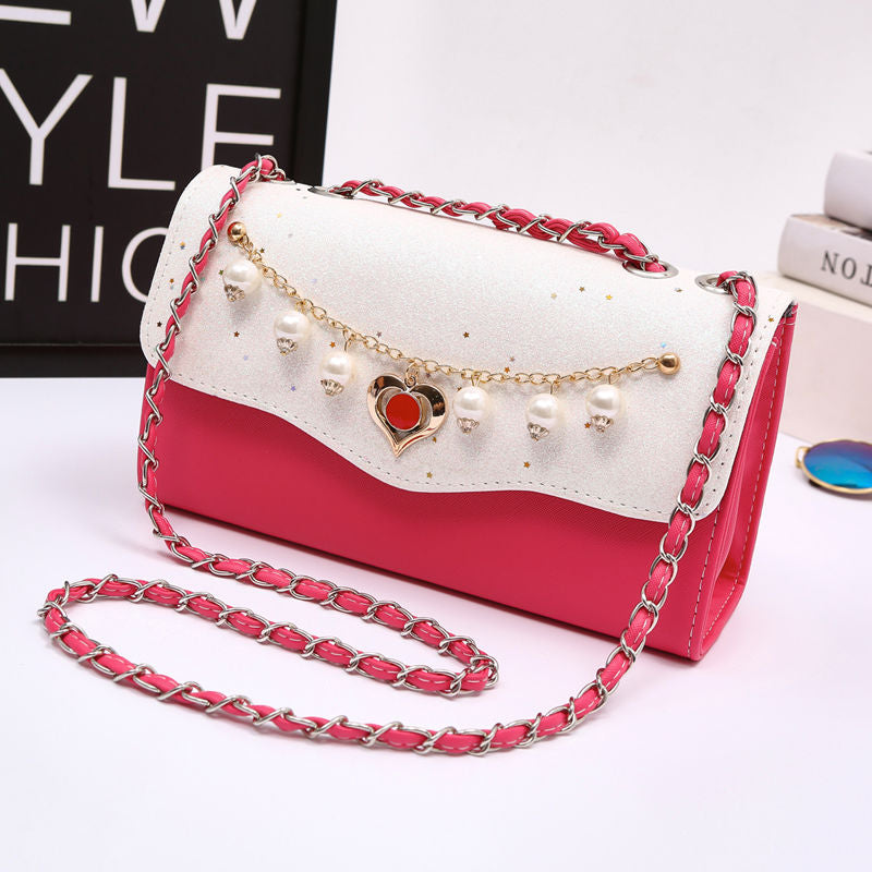 PU Bling Heart Pearl Chain Strap Crossbody Bag