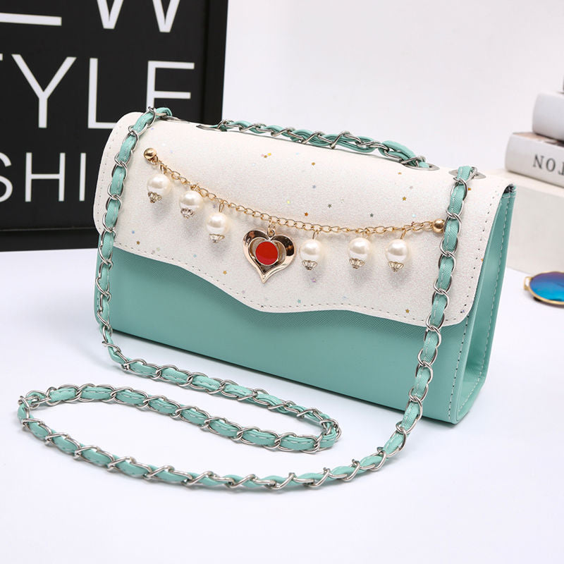 PU Bling Heart Pearl Chain Strap Crossbody Bag