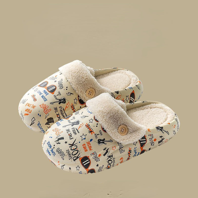 Patterned button cotton slippers