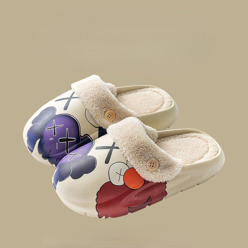 Patterned button cotton slippers